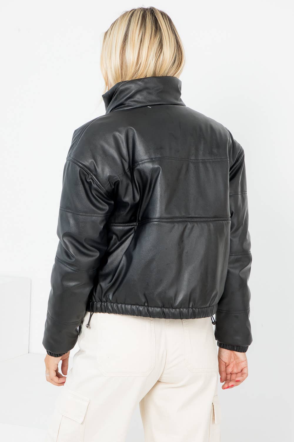 The Avery Vegan Leather Puffer Kangaroo Pocket Jacket