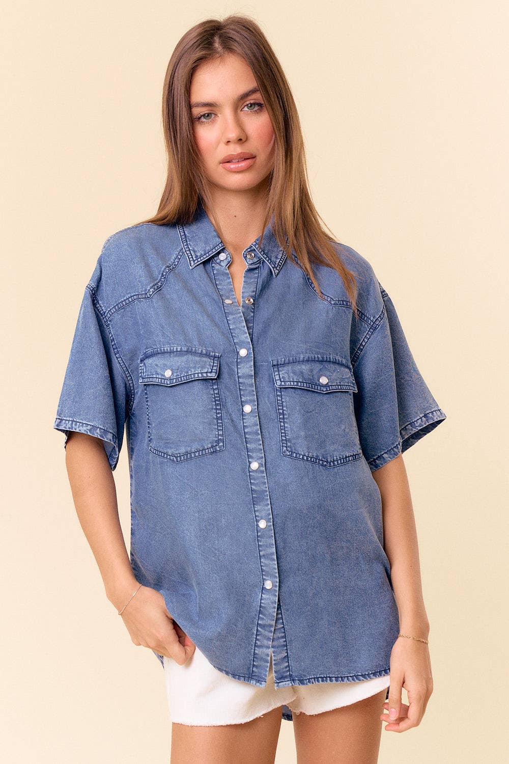 The Amanda Tencel Denim Pearl Snap Shirt in Light or Dark Denim