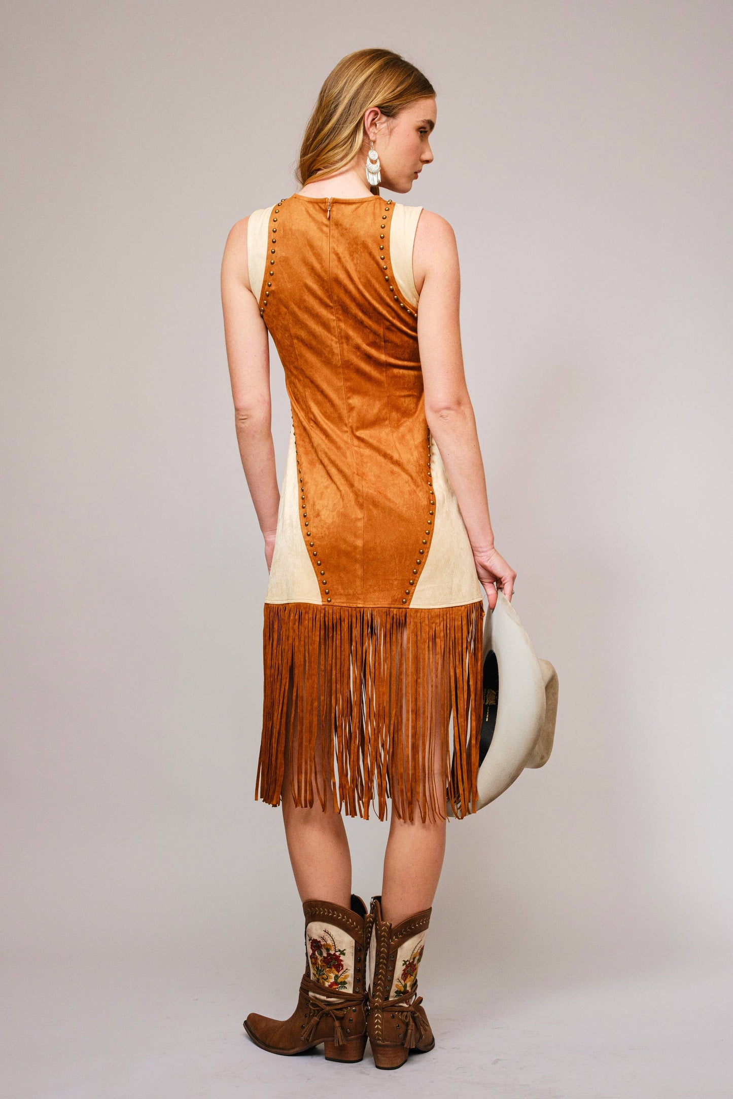 The Nina Two Tone Suede Studded Fringe Midi Dress