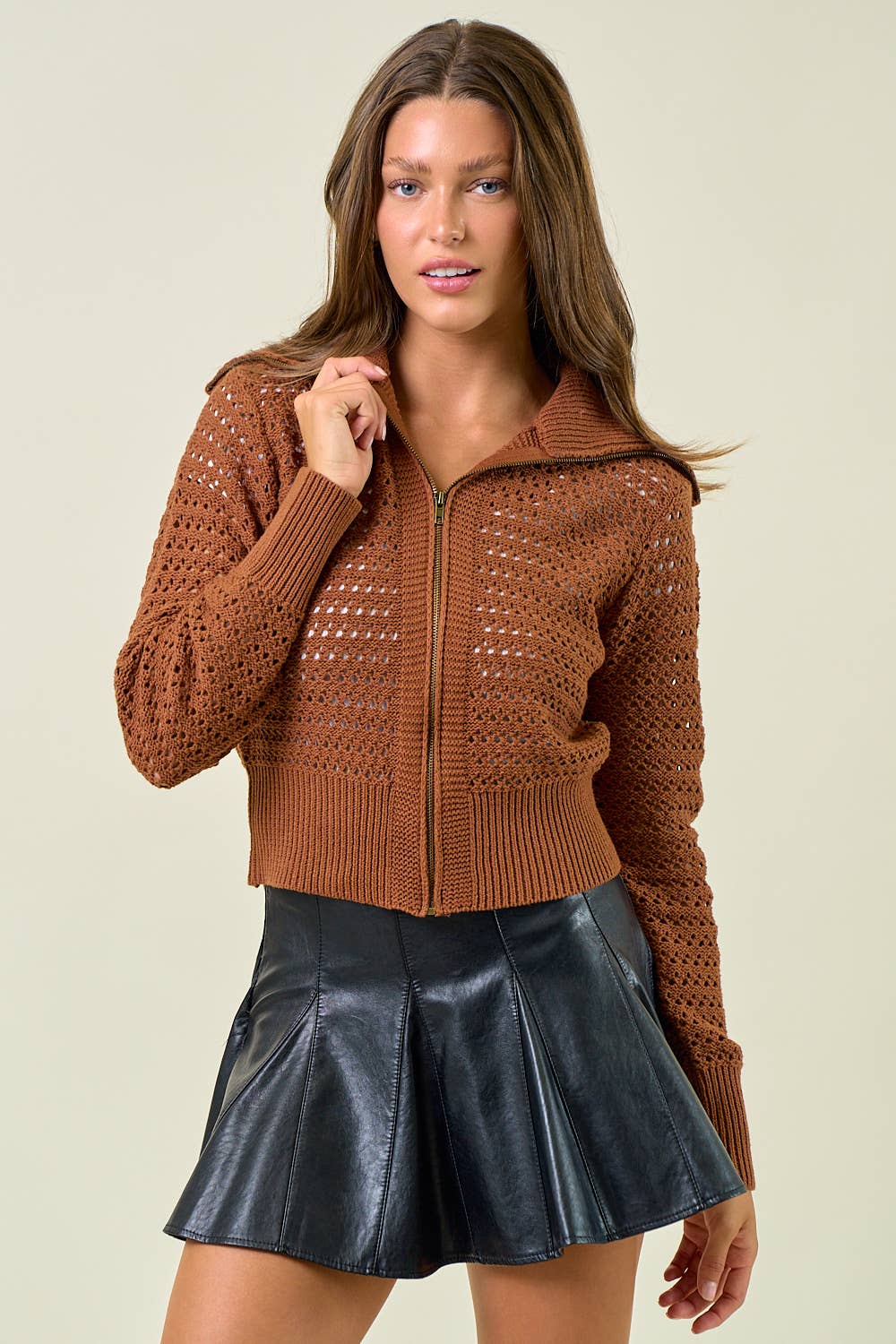 The Camille Zip-Up Pointelle Open Knit Sweater Jacket