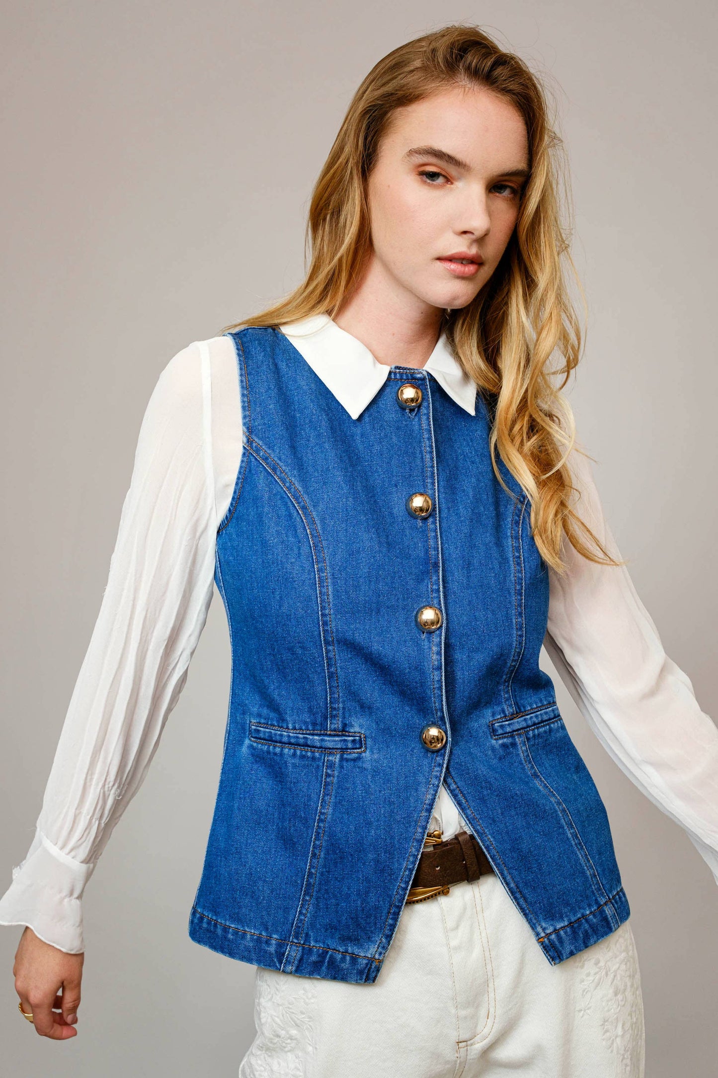 The Jaden Gold Button Denim Vest