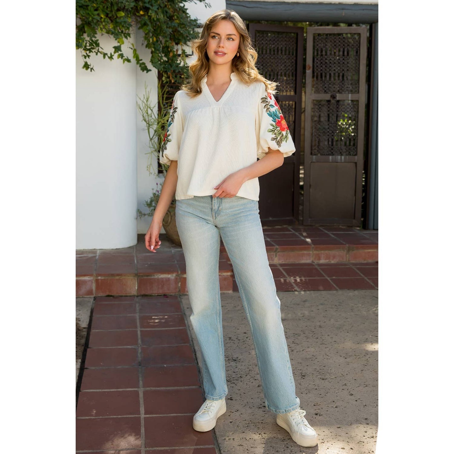 The Lily Floral Embroidered Puff Sleeve Top