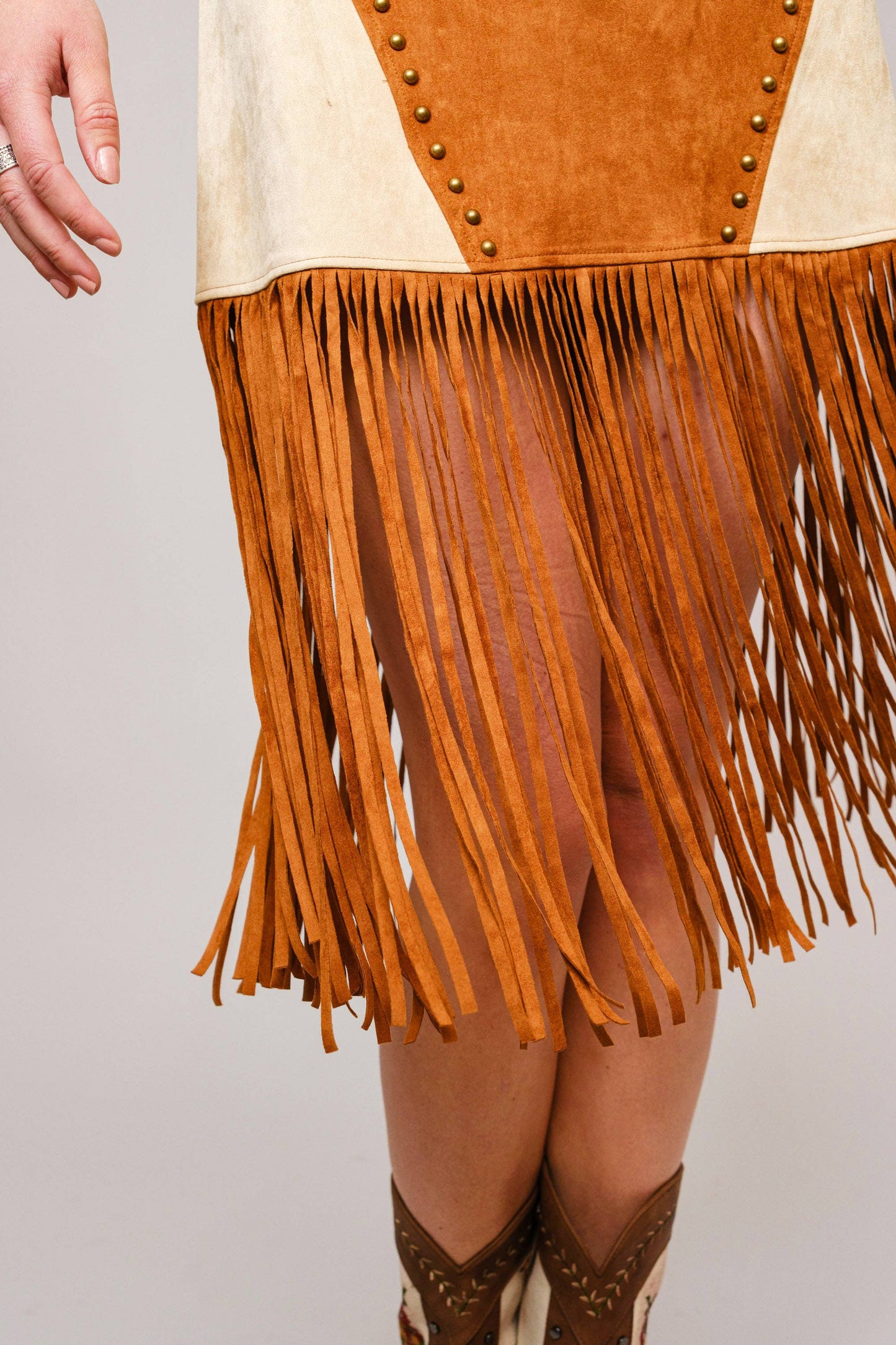 The Nina Two Tone Suede Studded Fringe Midi Dress