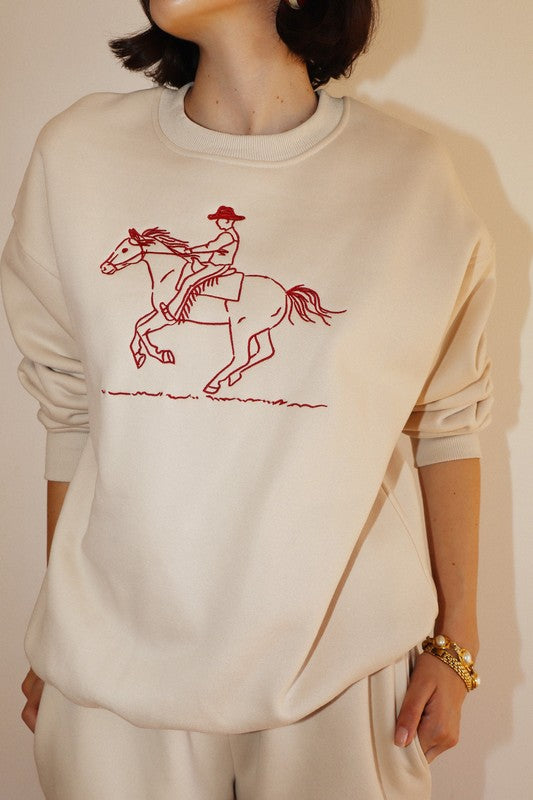 Embroidered Galloping Horse Graphic Sweatshirt