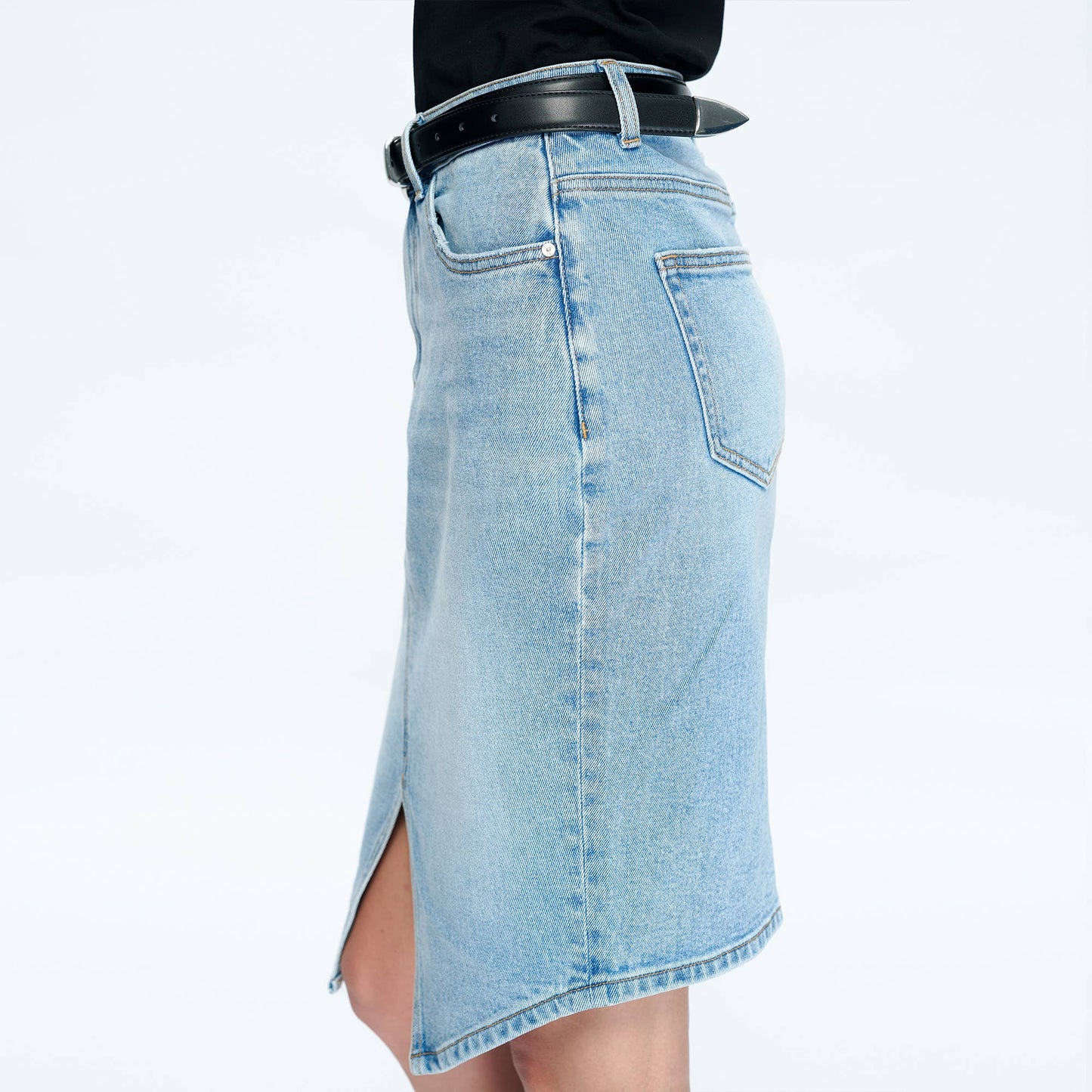The Cobalt Longer Denim Pencil Skirt