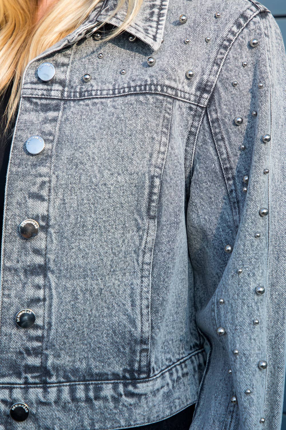 The Mercy Washed Denim Trucker W/ Silver Pearls Studs