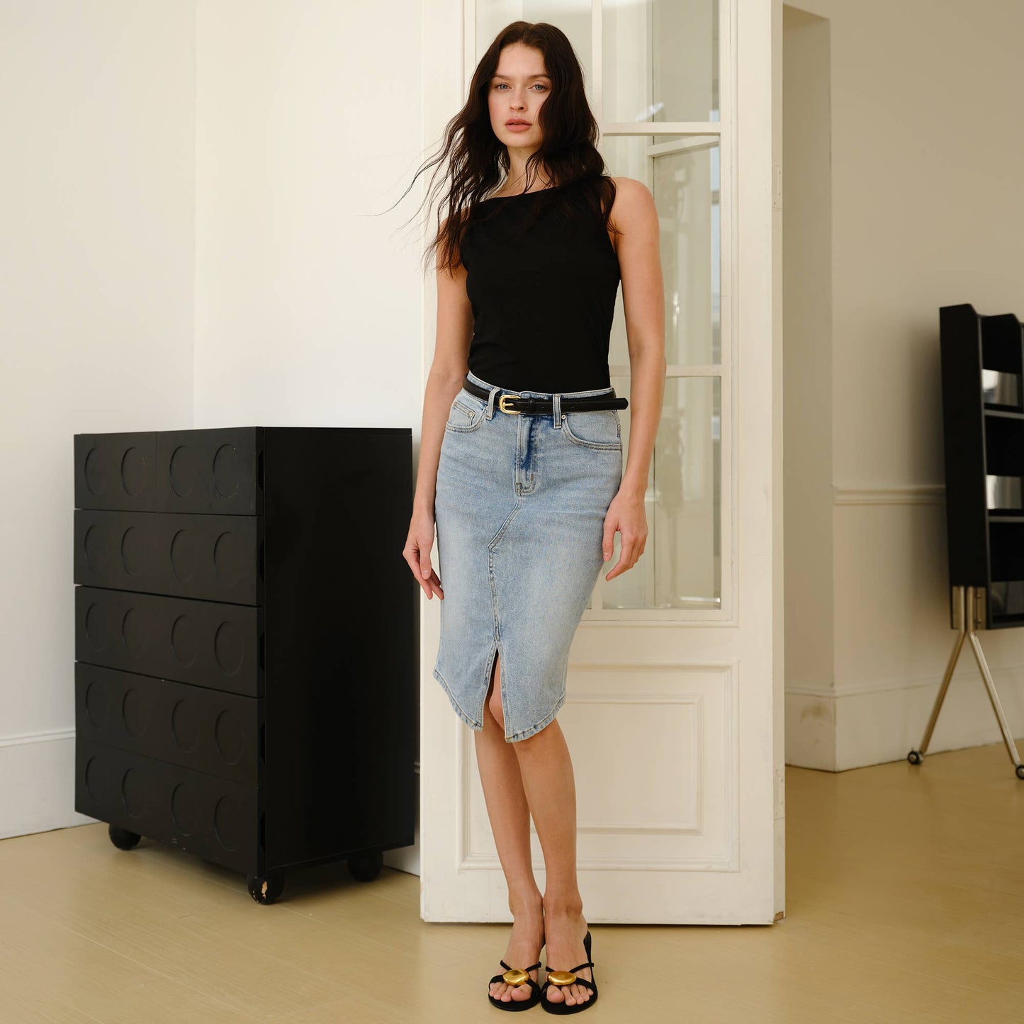 The Cobalt Longer Denim Pencil Skirt