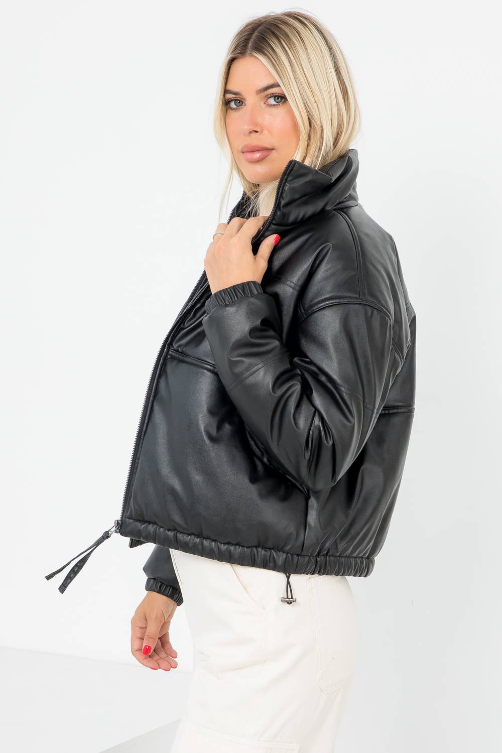 The Avery Vegan Leather Puffer Kangaroo Pocket Jacket