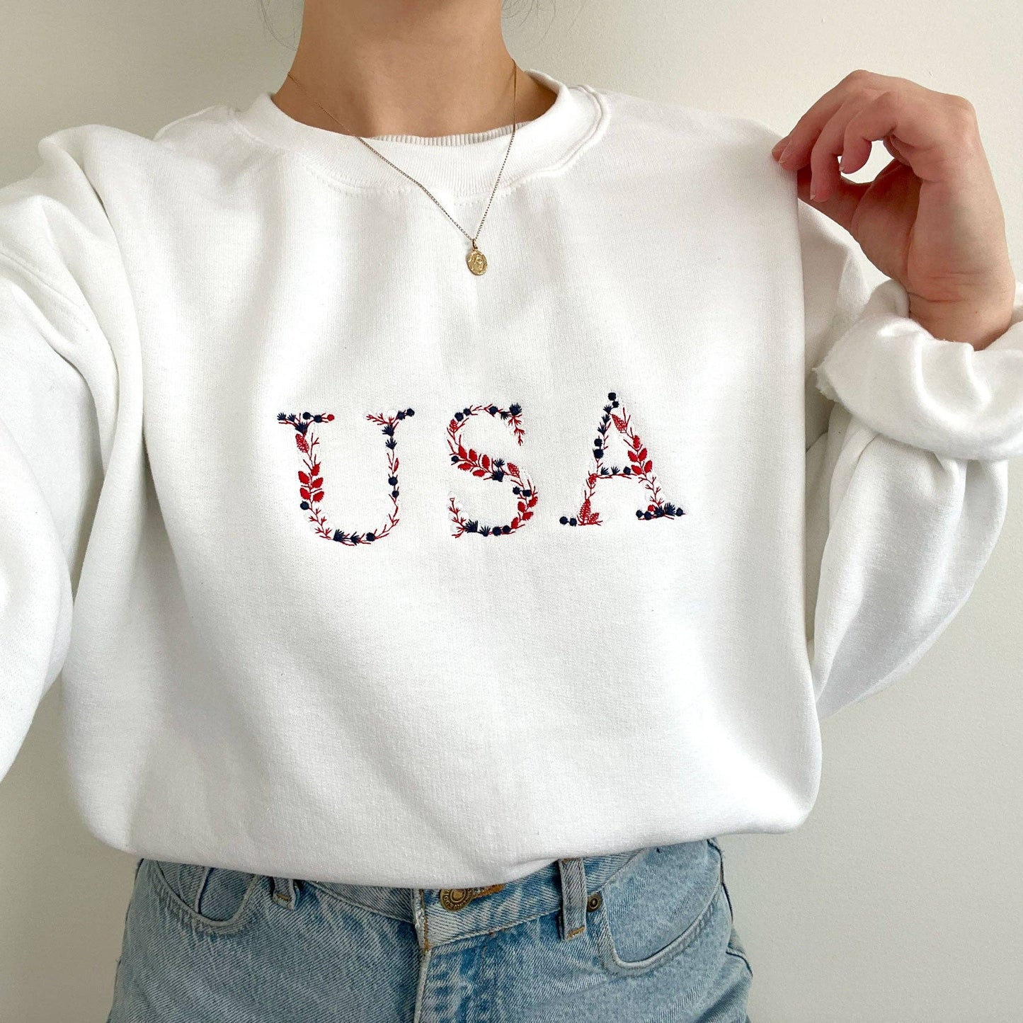 Floral USA Embroidered Crewneck Sweatshirt