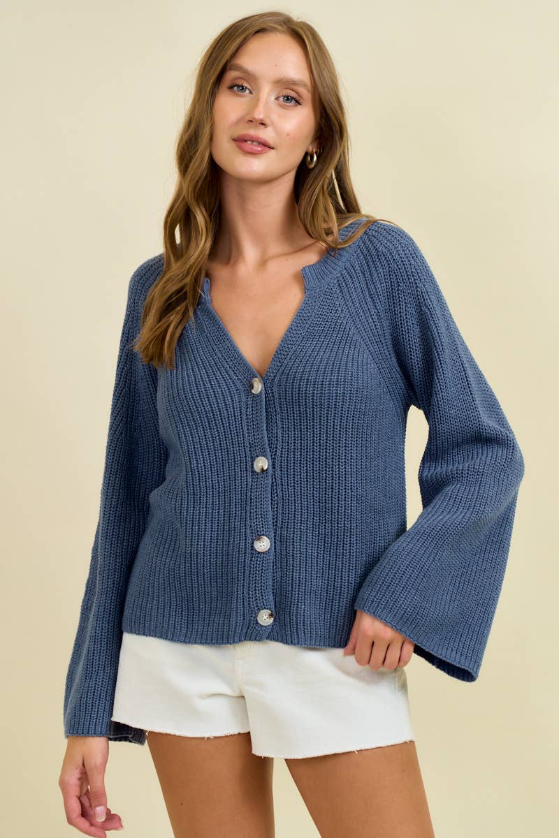 The Sutton Blouson Sleeve Cardigan – Denim Blue