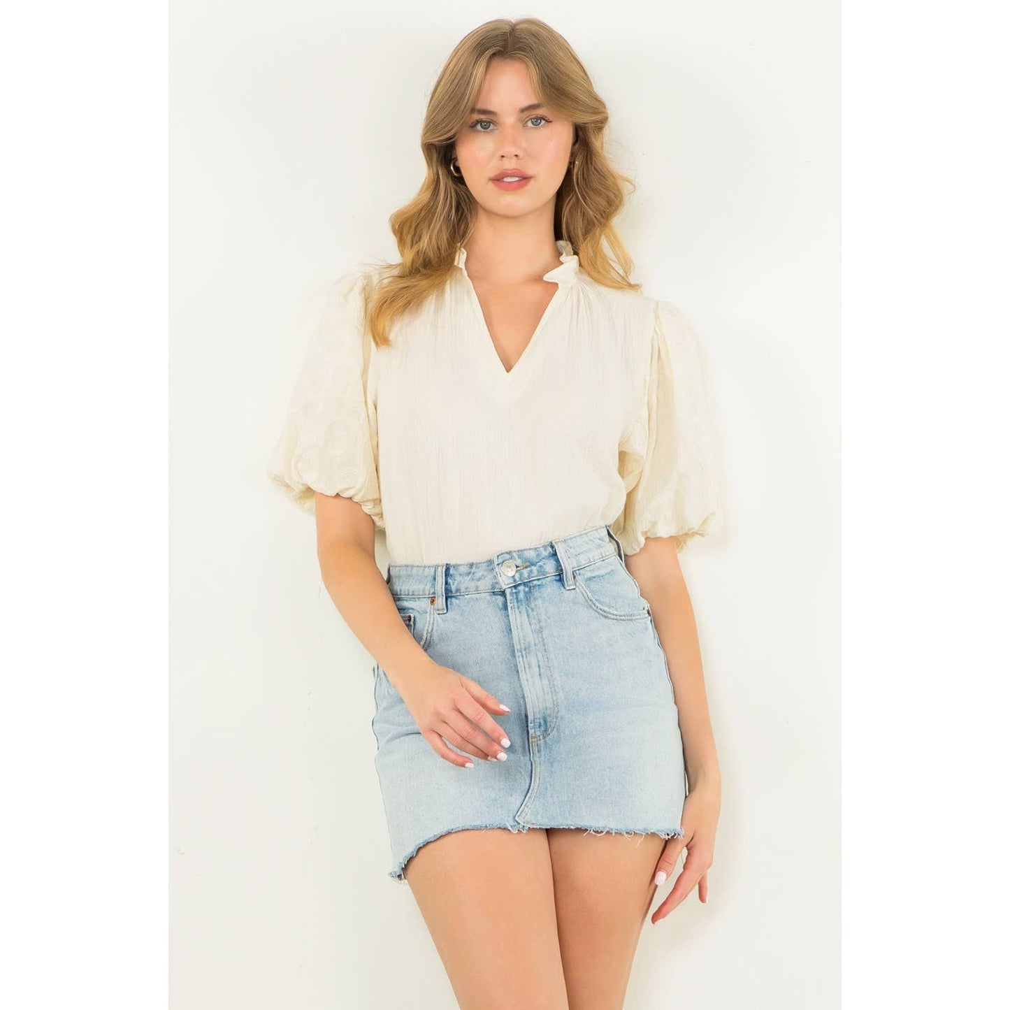 The Sunshine Embroidered Puff Sleeve V-Neck Top