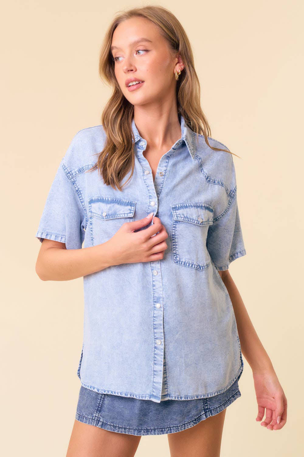 The Amanda Tencel Denim Pearl Snap Shirt in Light or Dark Denim