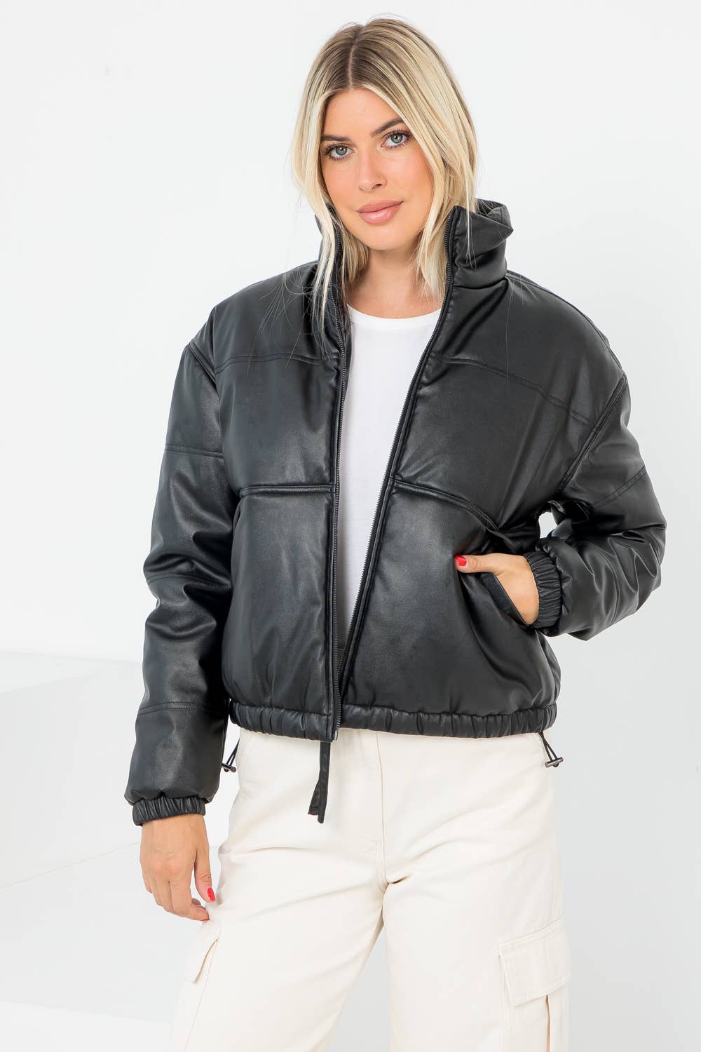 The Avery Vegan Leather Puffer Kangaroo Pocket Jacket
