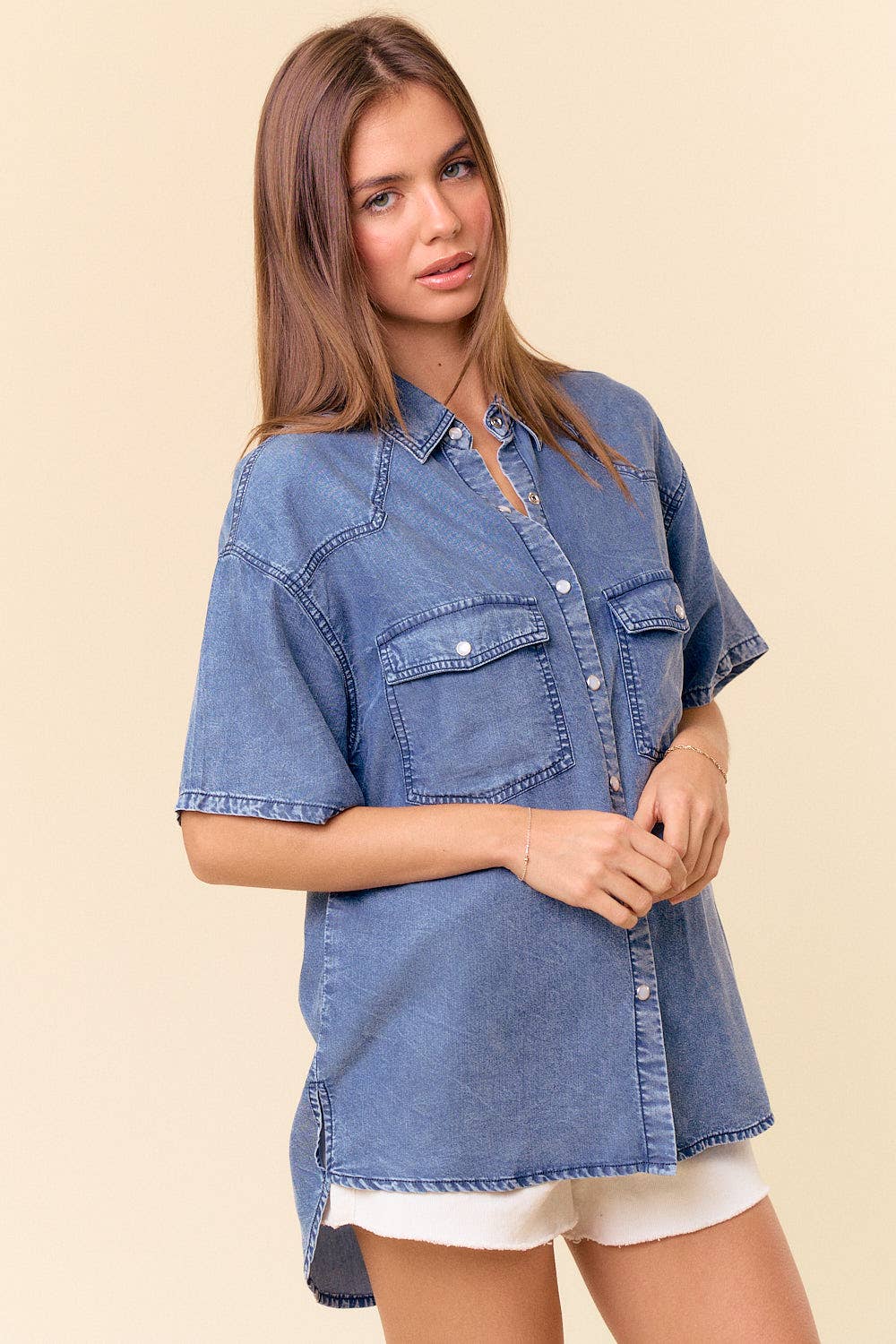 The Amanda Tencel Denim Pearl Snap Shirt in Light or Dark Denim