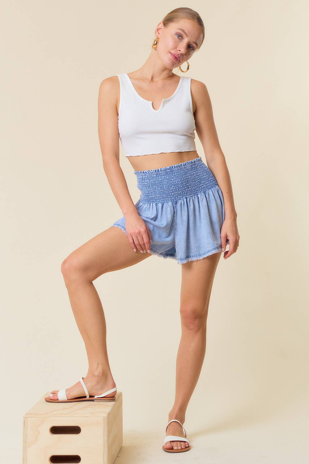 The Hannah Smocked Waist Tencel Denim Short