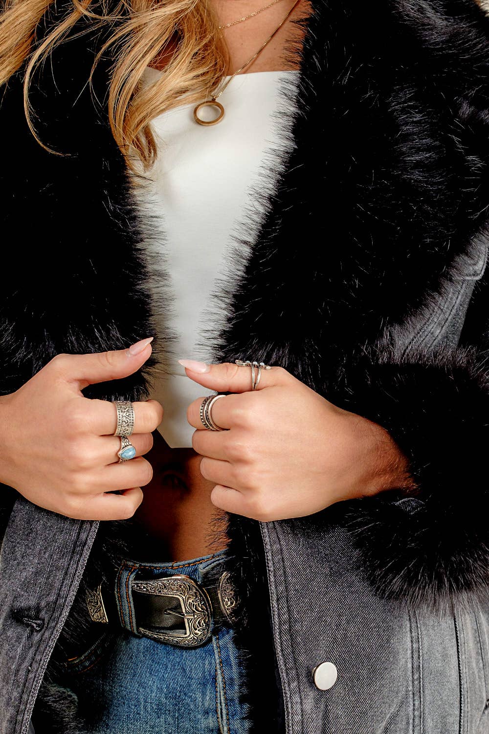 The Dakota Luxe Denim Jacket with Removable Faux Fur Collar