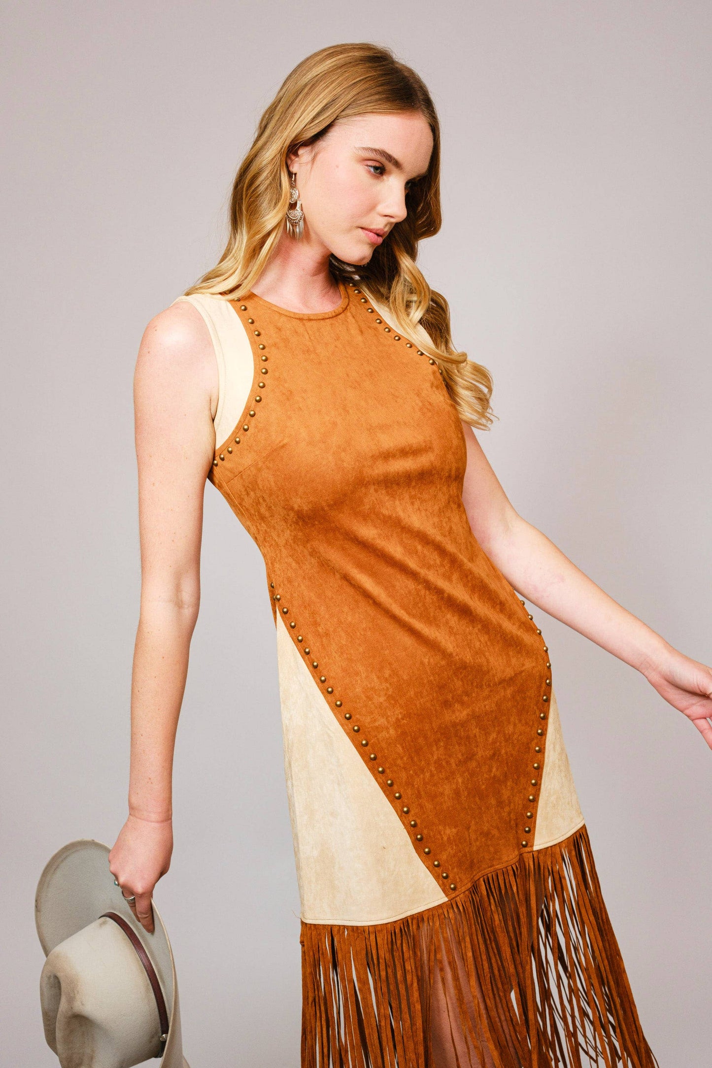 The Nina Two Tone Suede Studded Fringe Midi Dress