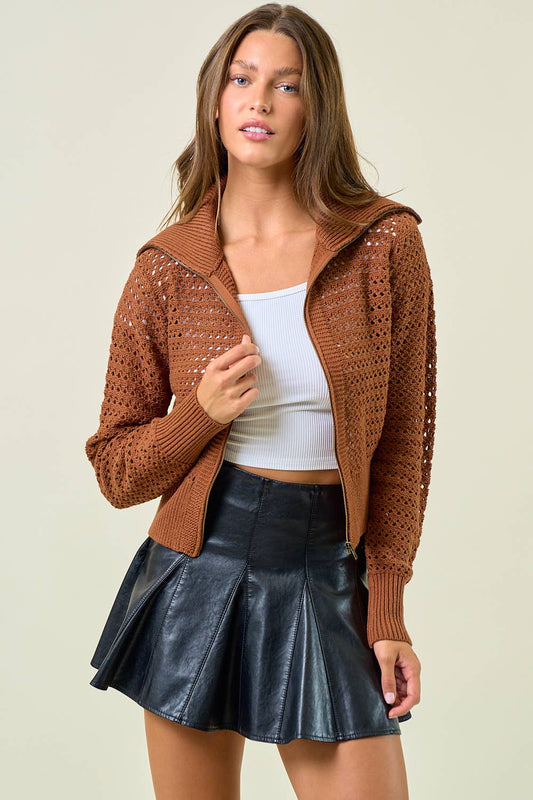 The Camille Zip-Up Pointelle Open Knit Sweater Jacket