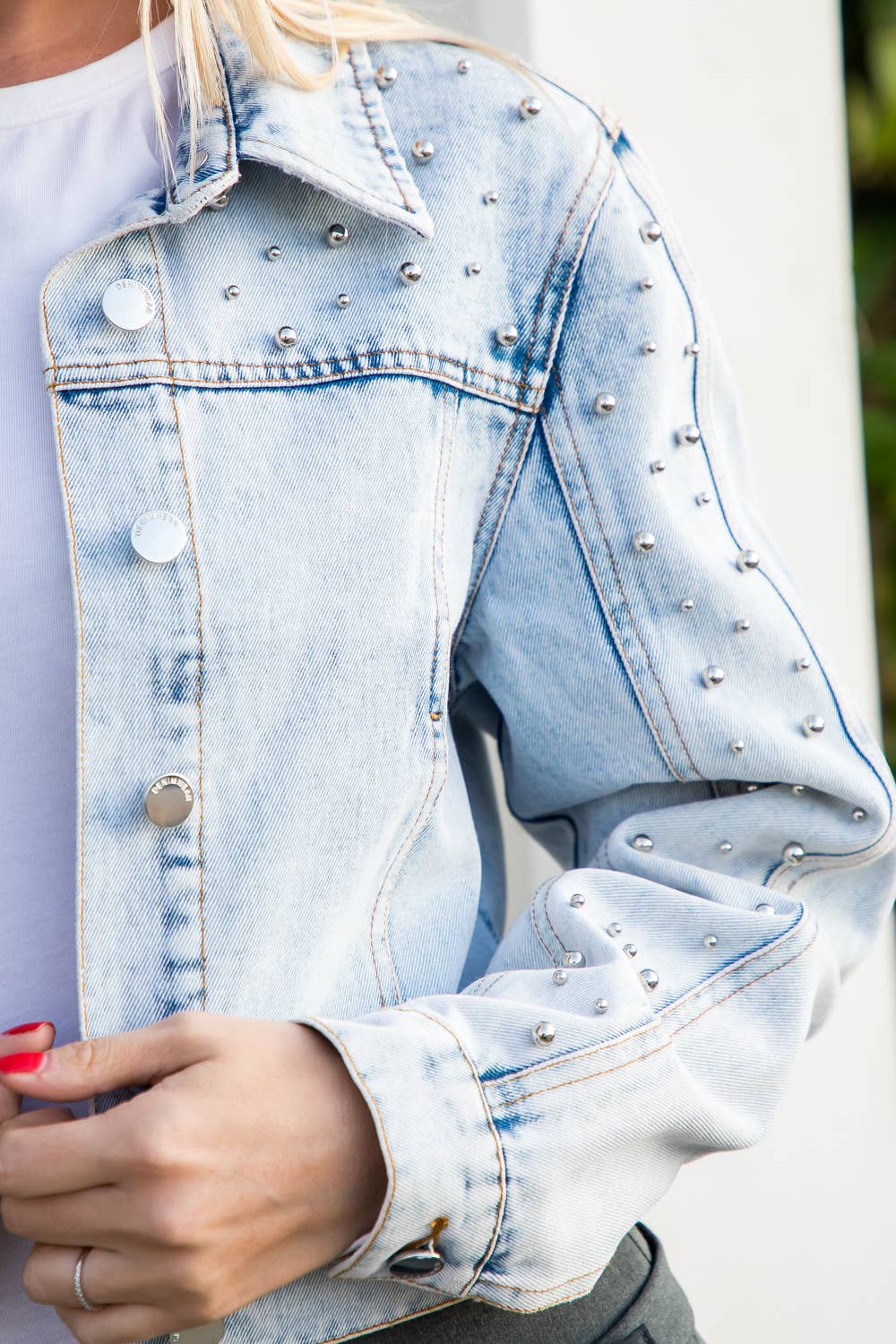 The Mercy Washed Denim Trucker W/ Silver Pearls Studs