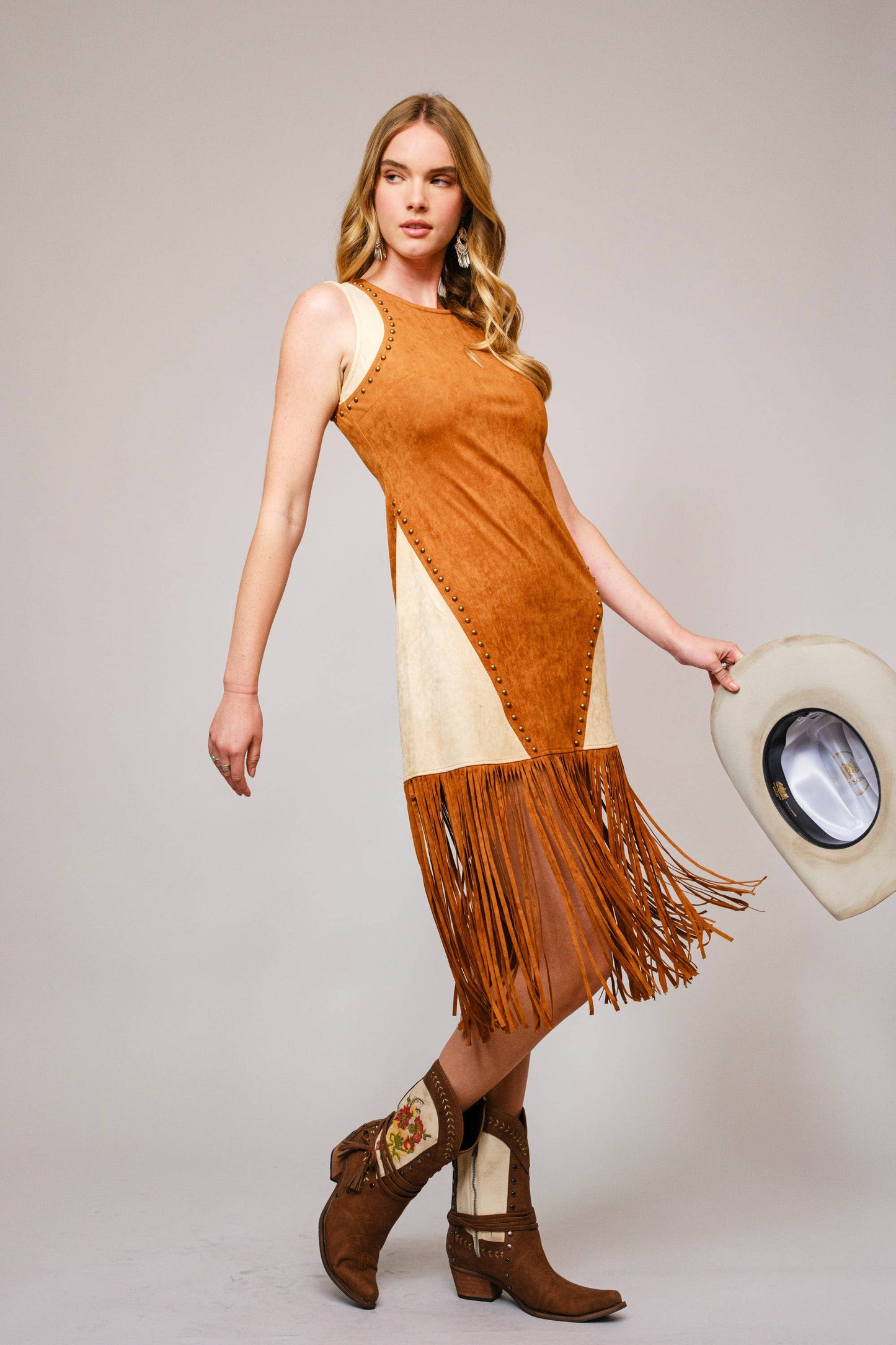 The Nina Two Tone Suede Studded Fringe Midi Dress