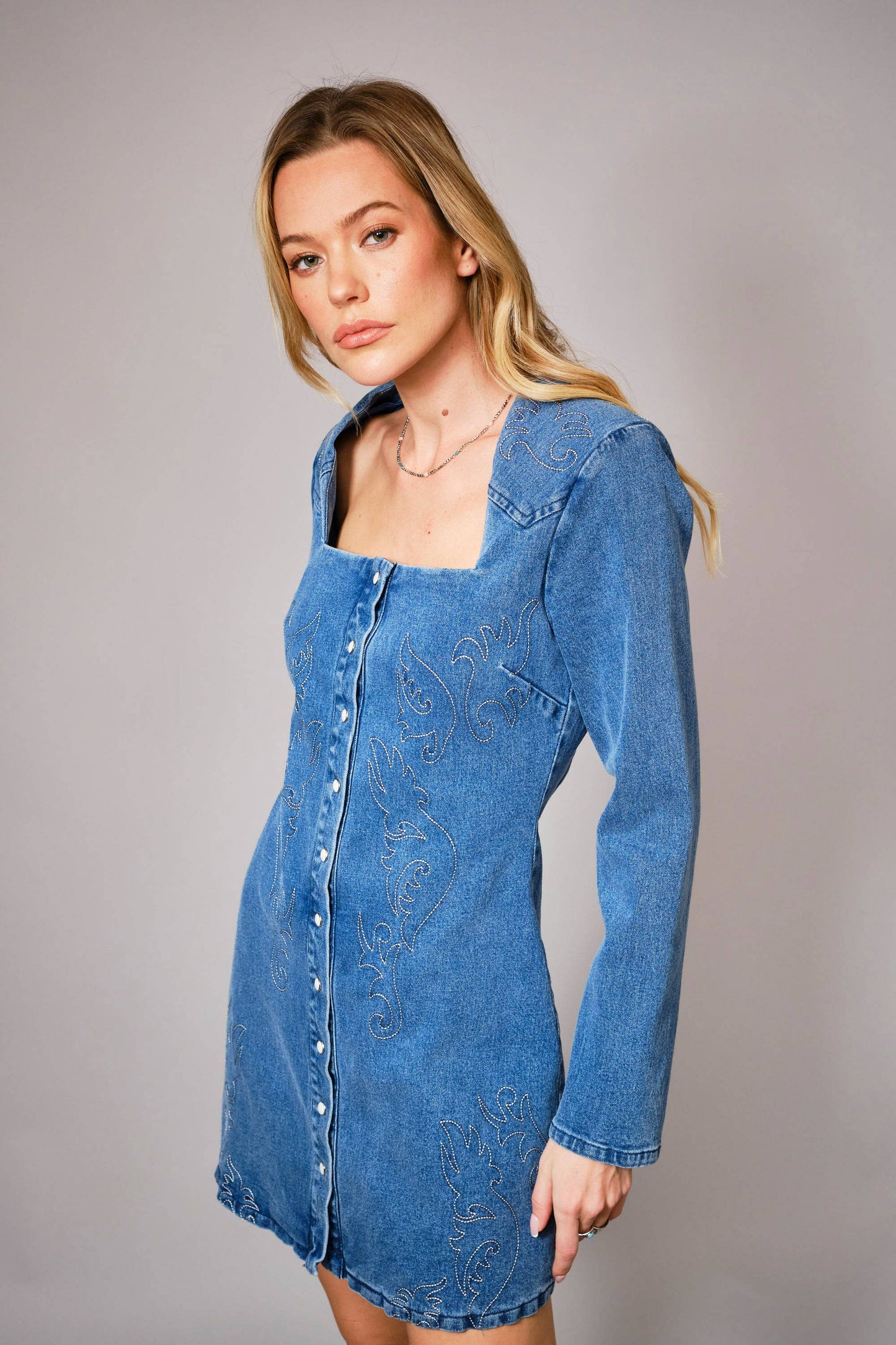 The Abilene Embroidered Snap Front Denim Minidress
