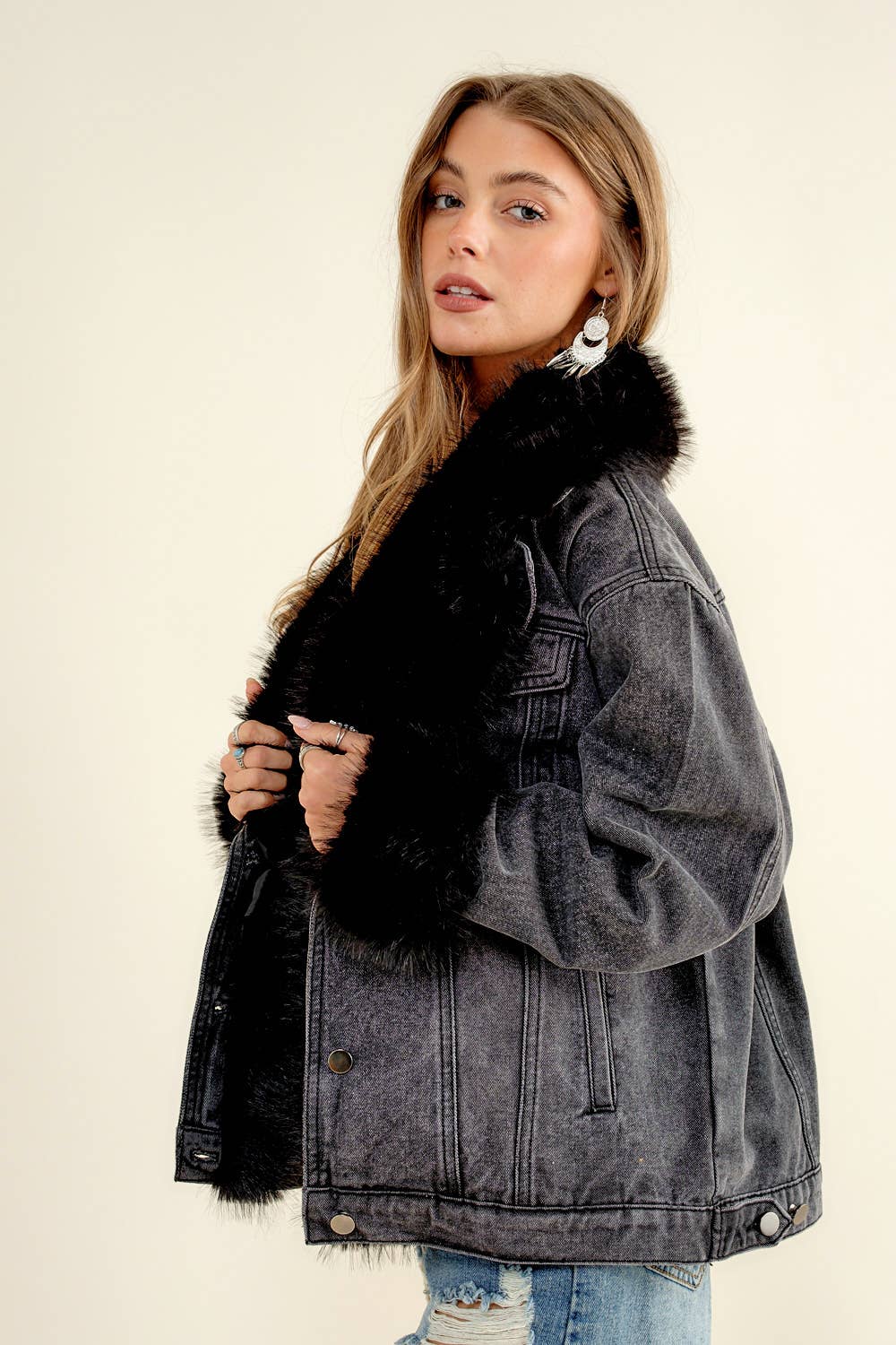 The Dakota Luxe Denim Jacket with Removable Faux Fur Collar
