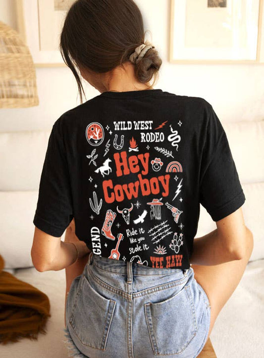 Hey Cowboy Front & Back Graphic Top in Black