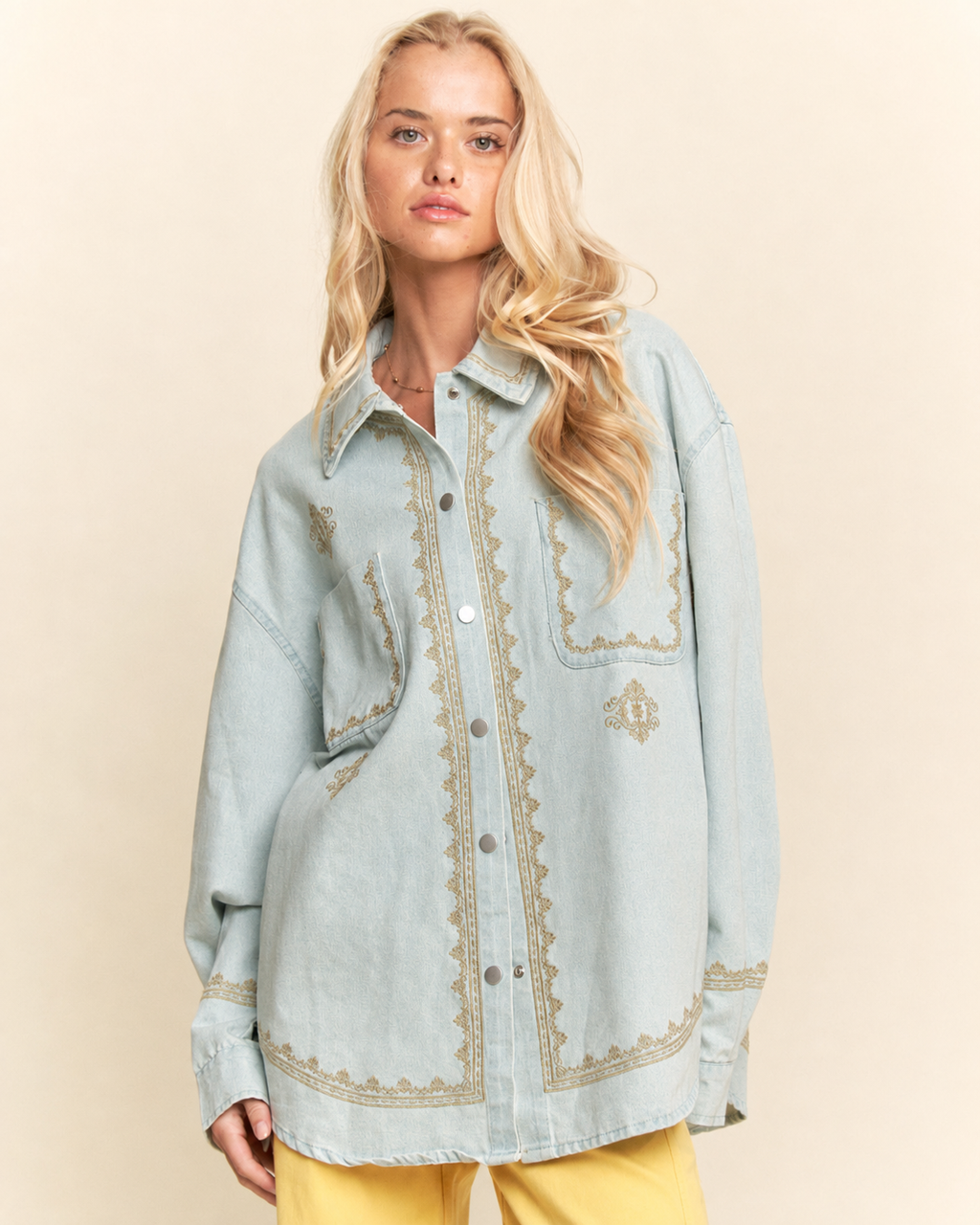 ジャケット・アウター UND SCALLOPE EMBROIDERY OVERSIZE SHIRT Mackenzie Scallop Embroidered Denim Shirt Jacket | Palomino Ranch