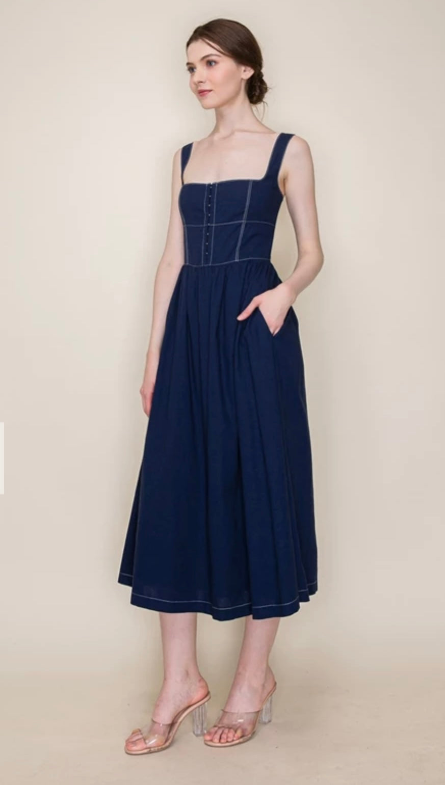 The Manhattan Navy Strap Midi Dress