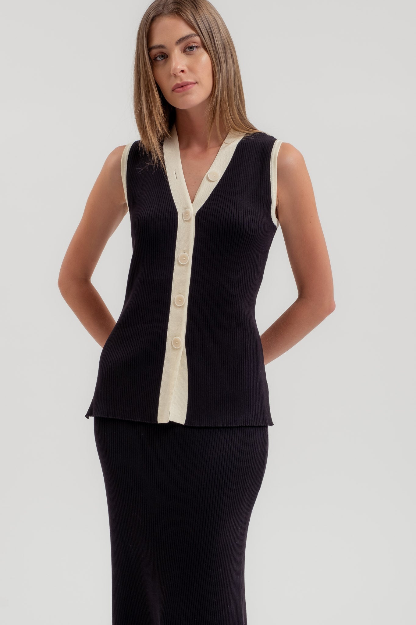 The Daphne Button Down Contrast Sweater Top & Skirt Set