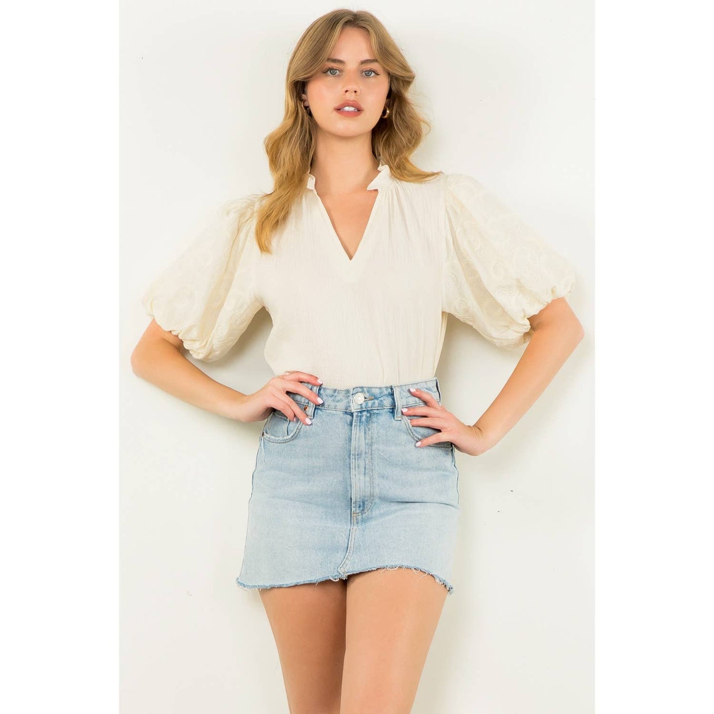 The Sunshine Embroidered Puff Sleeve V-Neck Top