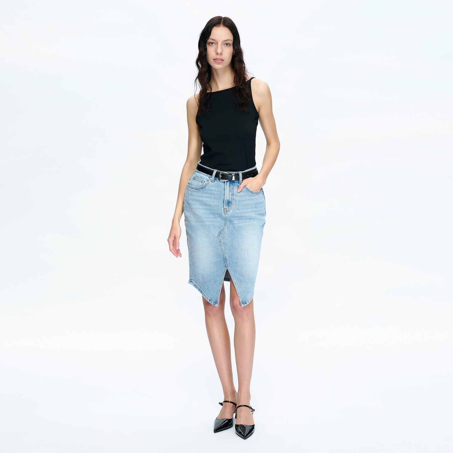 The Cobalt Longer Denim Pencil Skirt