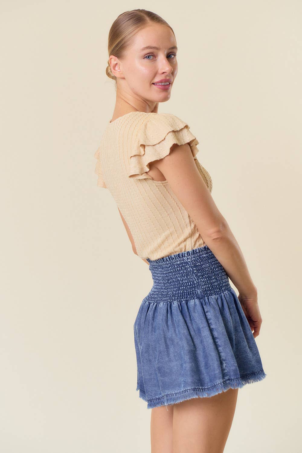 The Hannah Smocked Waist Tencel Denim Short