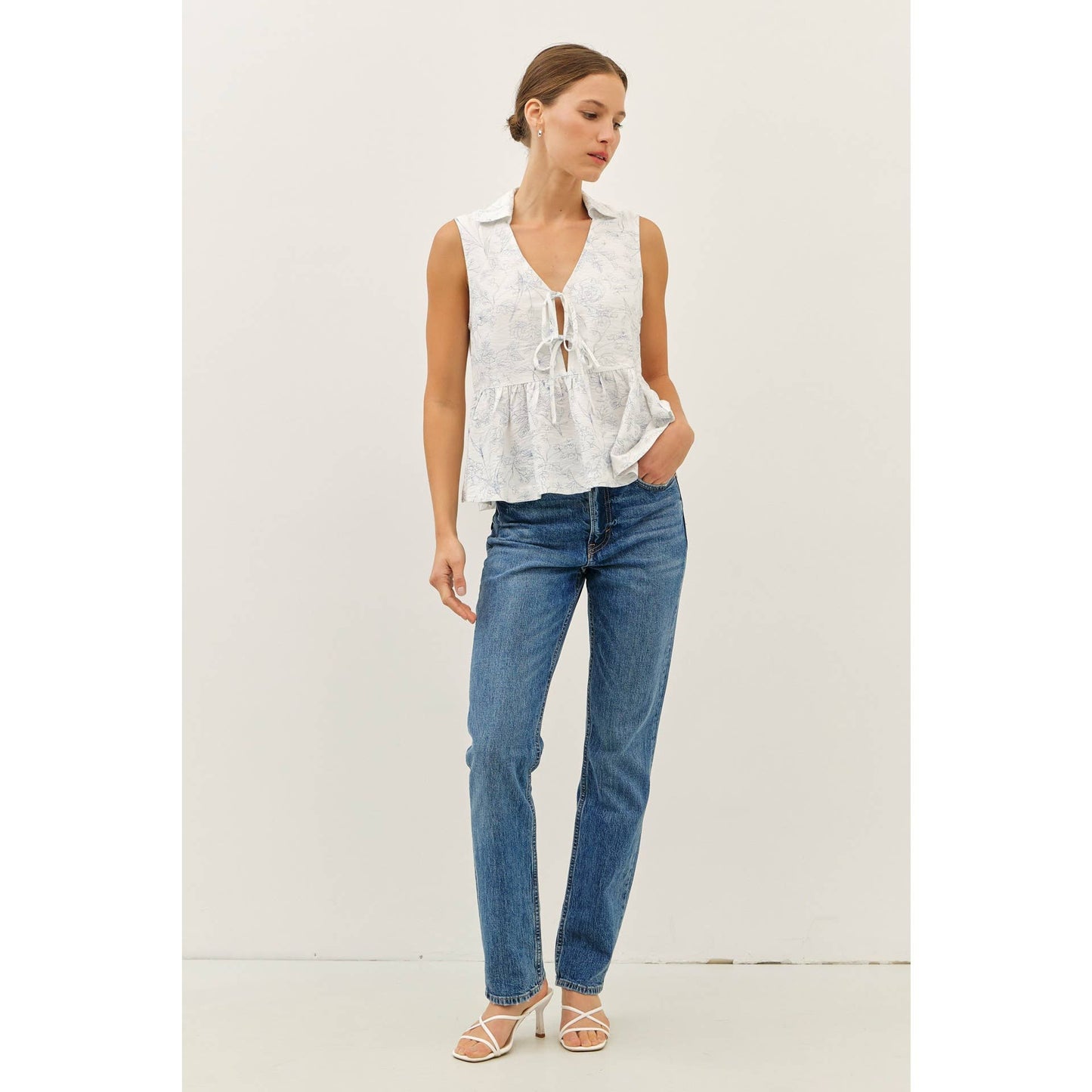 The Fancy Print Babydoll Blouse with Front Tie Detail