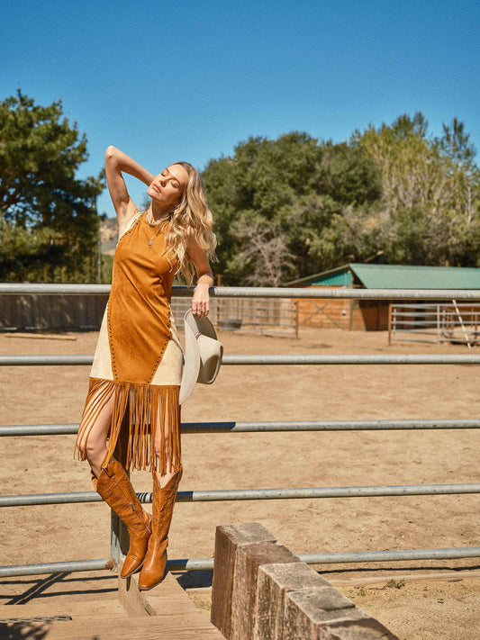 The Nina Two Tone Suede Studded Fringe Midi Dress