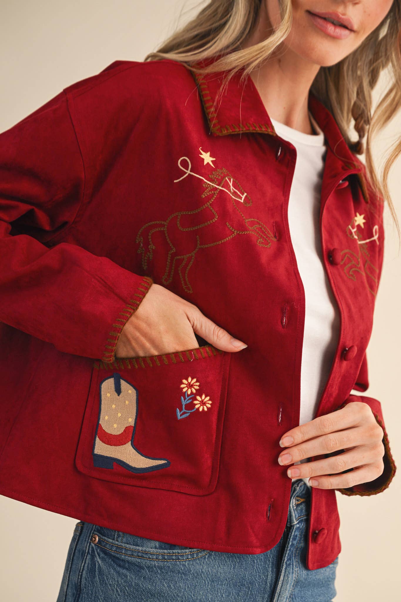 The Calico Western Embroidered Suede Jacket – Wine