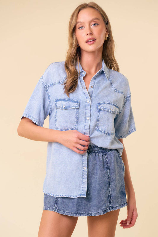 The Amanda Tencel Denim Pearl Snap Shirt in Light or Dark Denim
