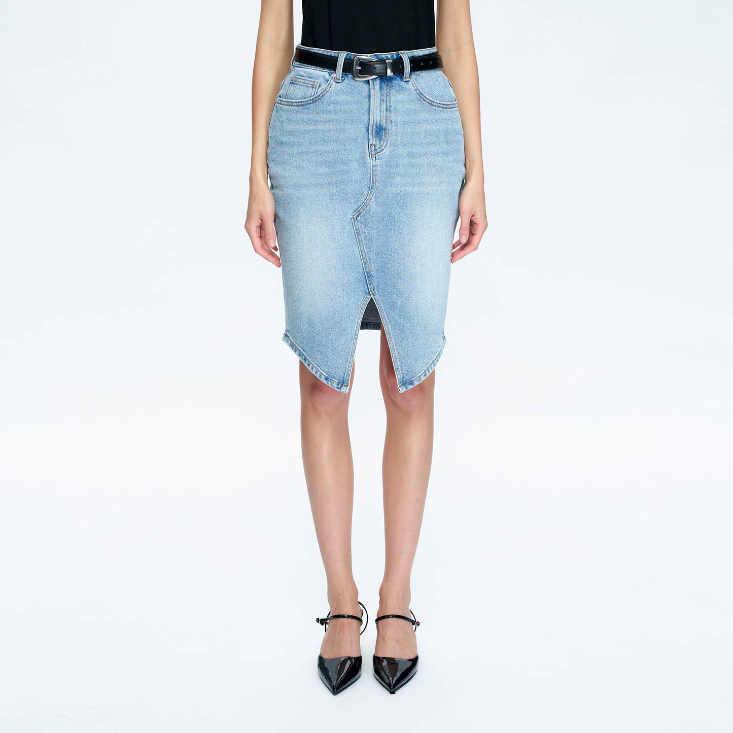 The Cobalt Longer Denim Pencil Skirt