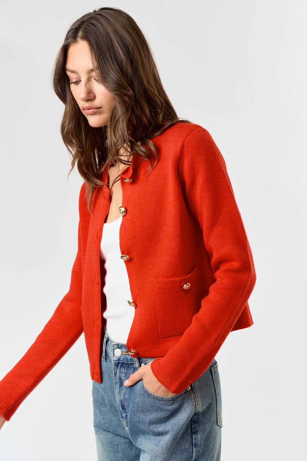 The Lila Button Front Sweater Cardigan in Red