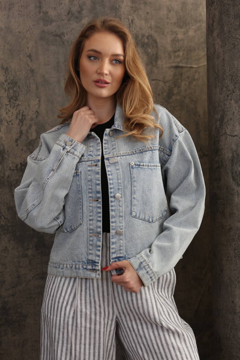 The Gwen Denim Oversized Crop Jacket With Big Pockets
