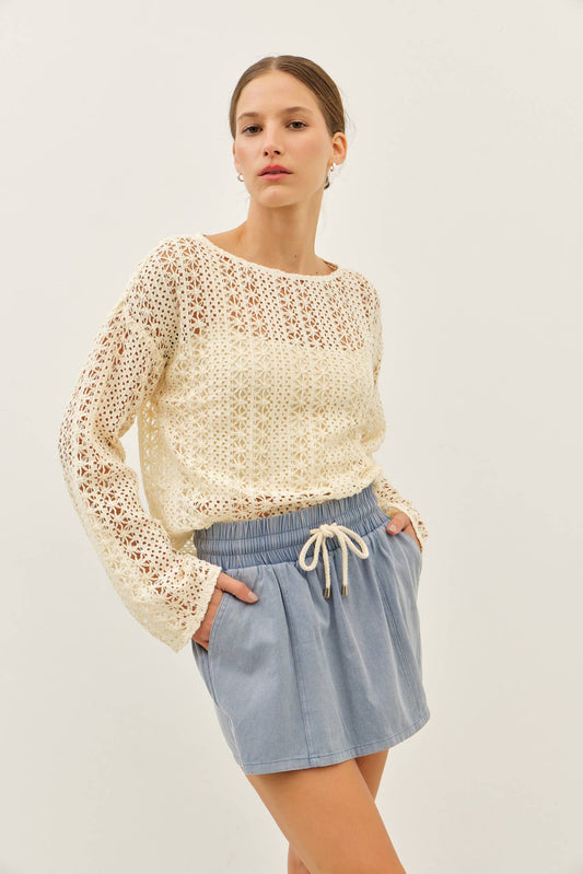 The Ruthie Sheer Floral Crochet Top with Bell Sleeves