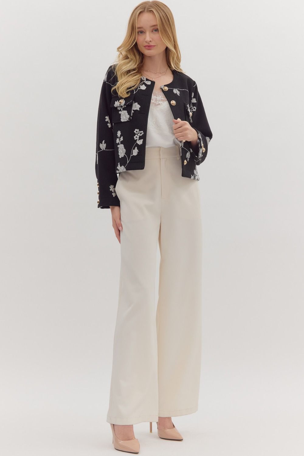 The Kenzie Embroidered Jacket with Gold Buttons
