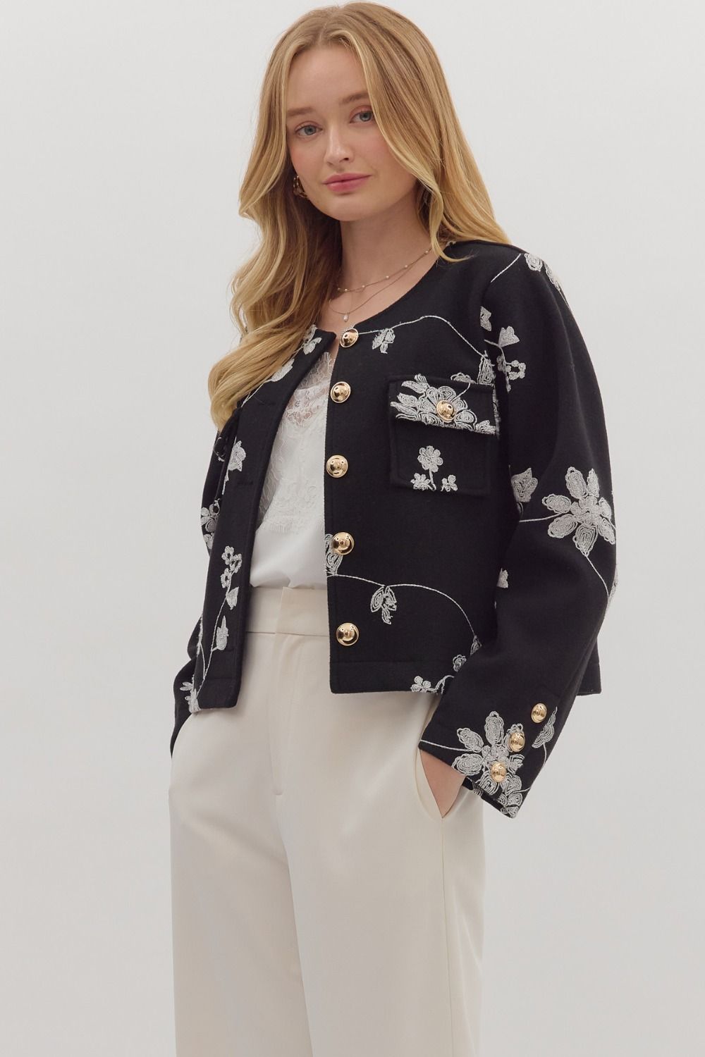 The Kenzie Embroidered Jacket with Gold Buttons