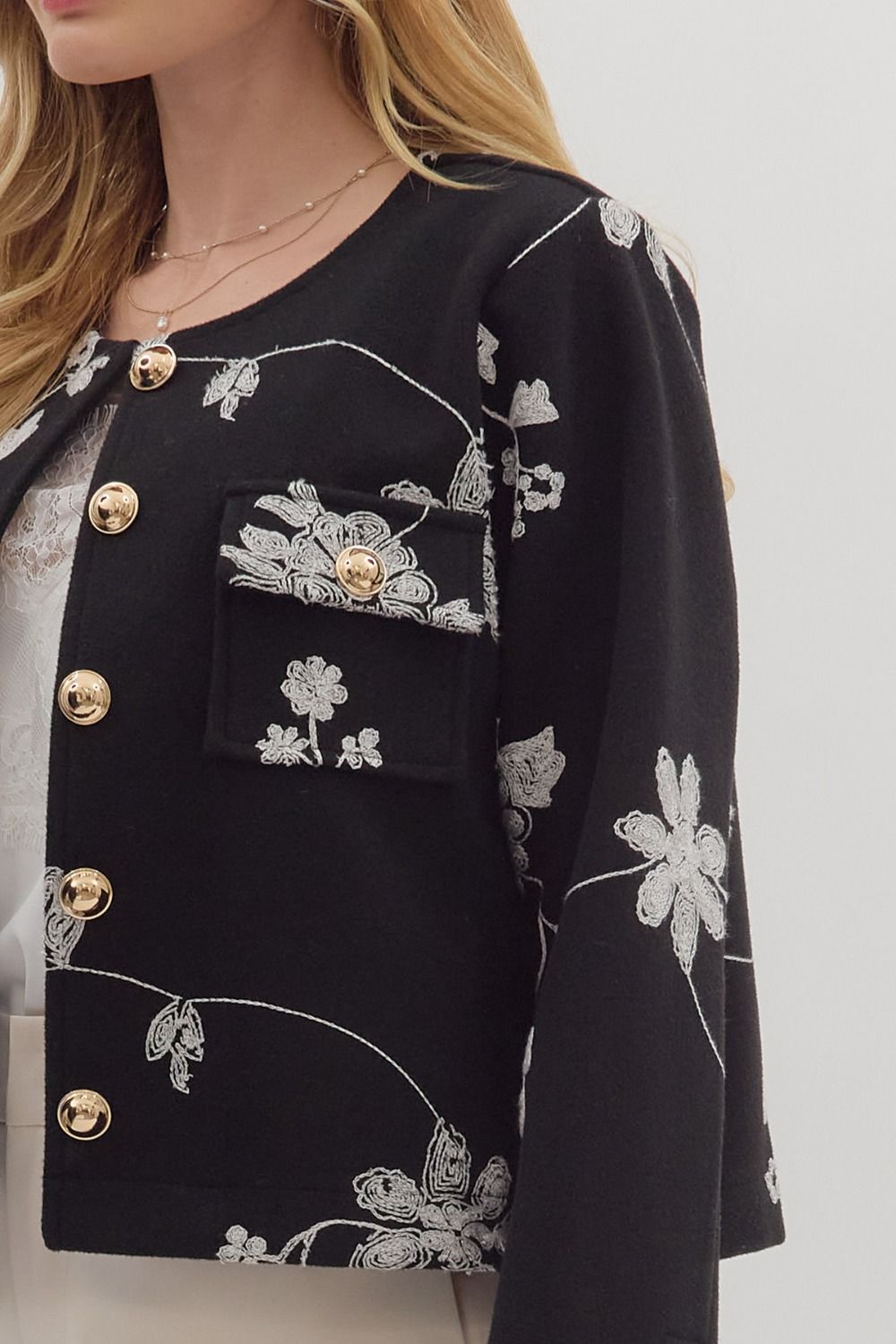 The Kenzie Embroidered Jacket with Gold Buttons