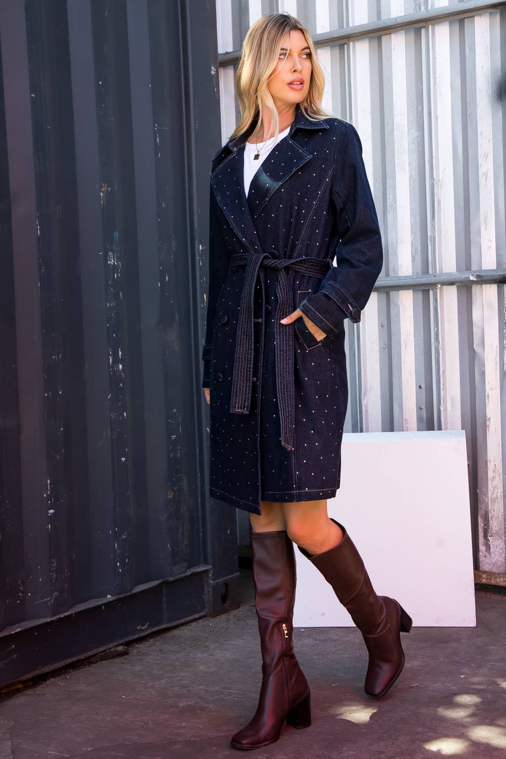 The Rhinestone Cowgirl Denim Trench Coat