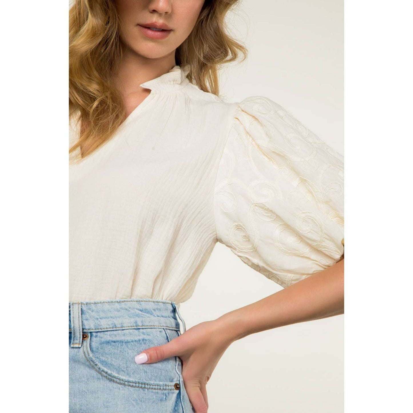 The Sunshine Embroidered Puff Sleeve V-Neck Top