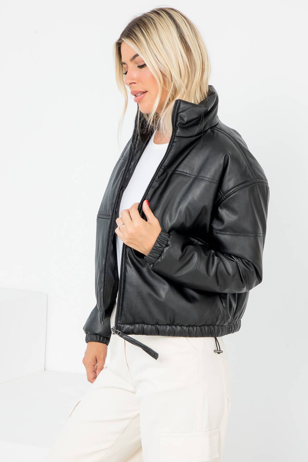 The Avery Vegan Leather Puffer Kangaroo Pocket Jacket