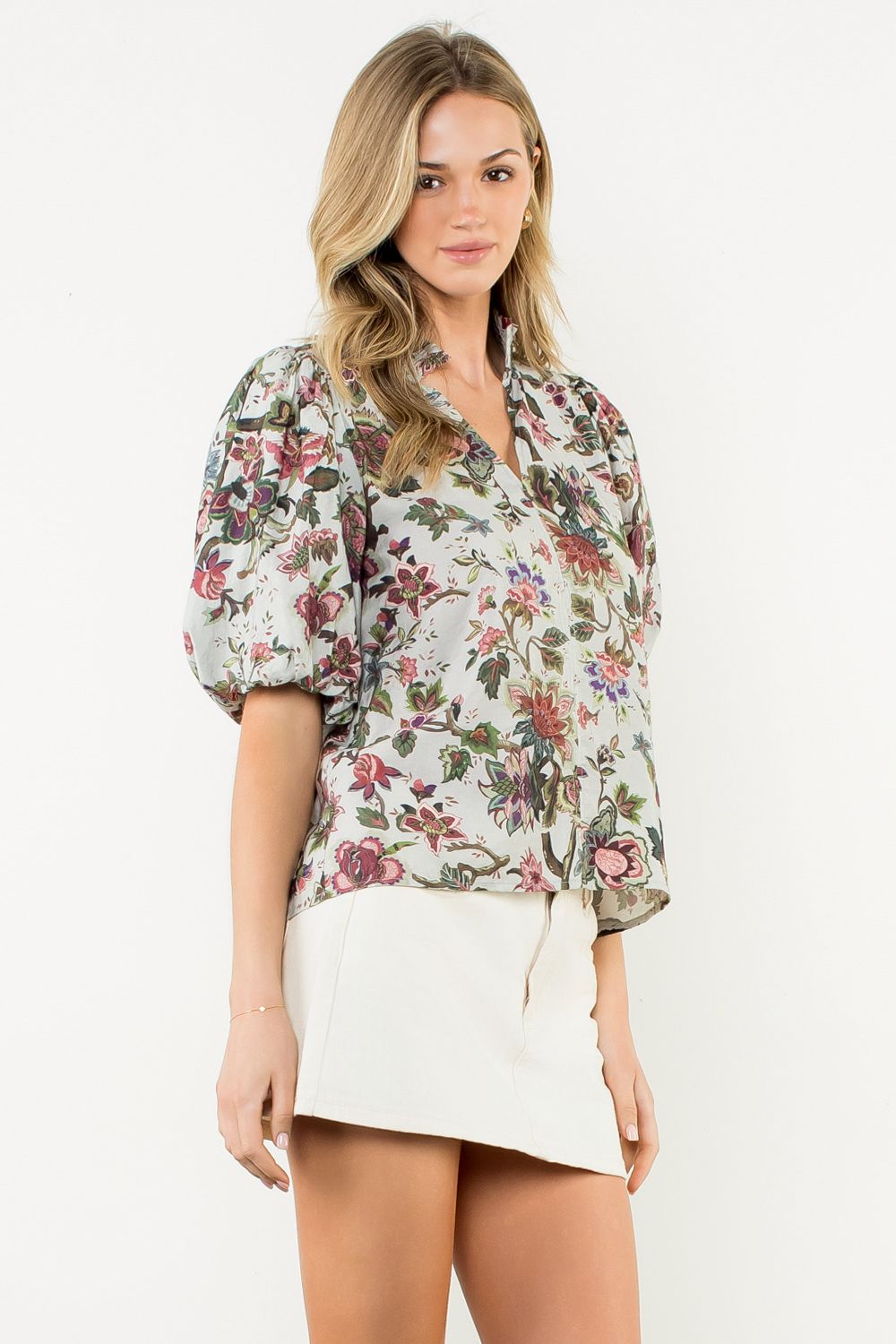 Ruffle Neck Puff Sleeve Floral Top