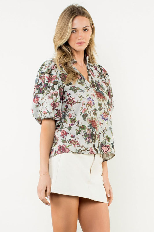 Ruffle Neck Puff Sleeve Floral Top