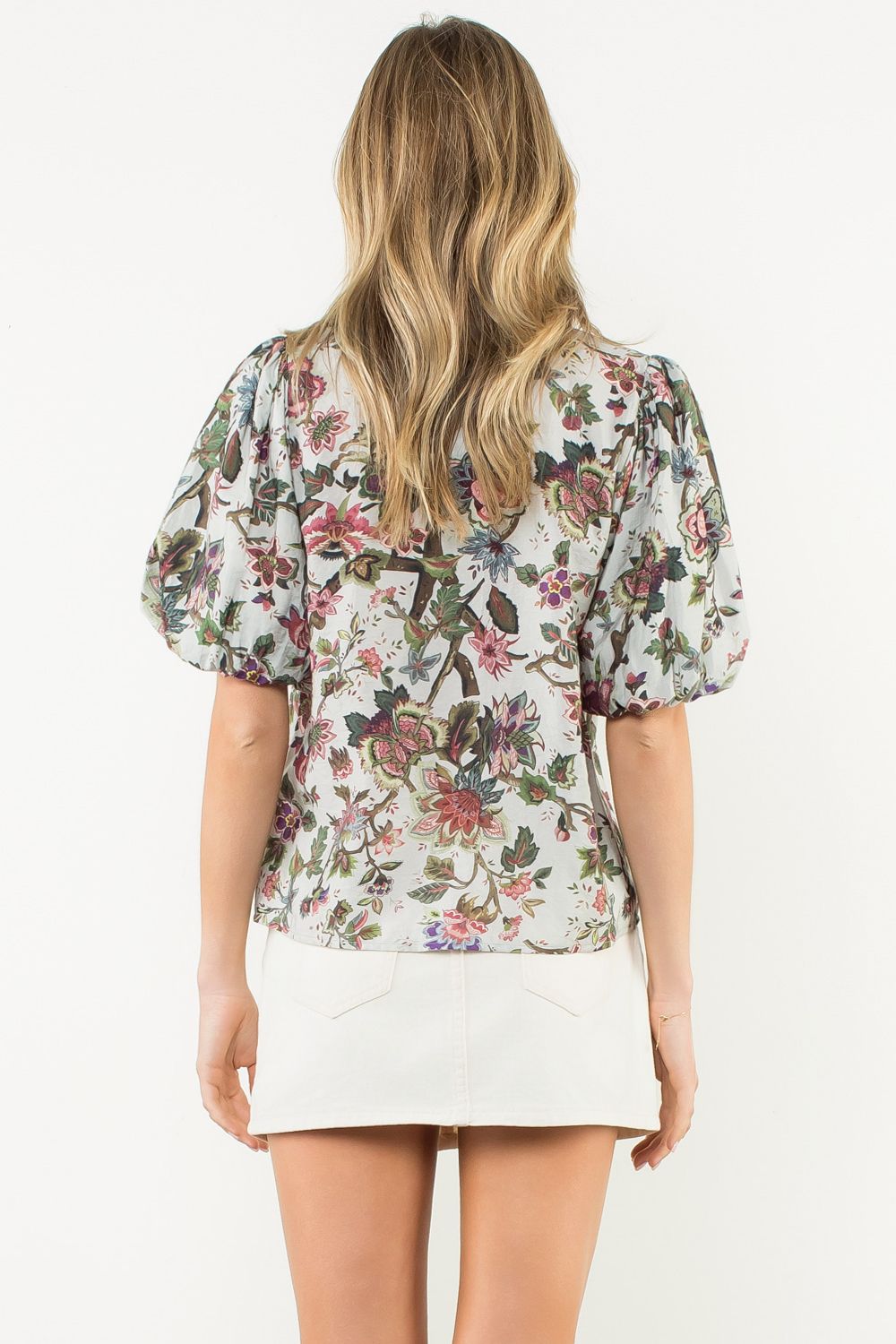 Ruffle Neck Puff Sleeve Floral Top